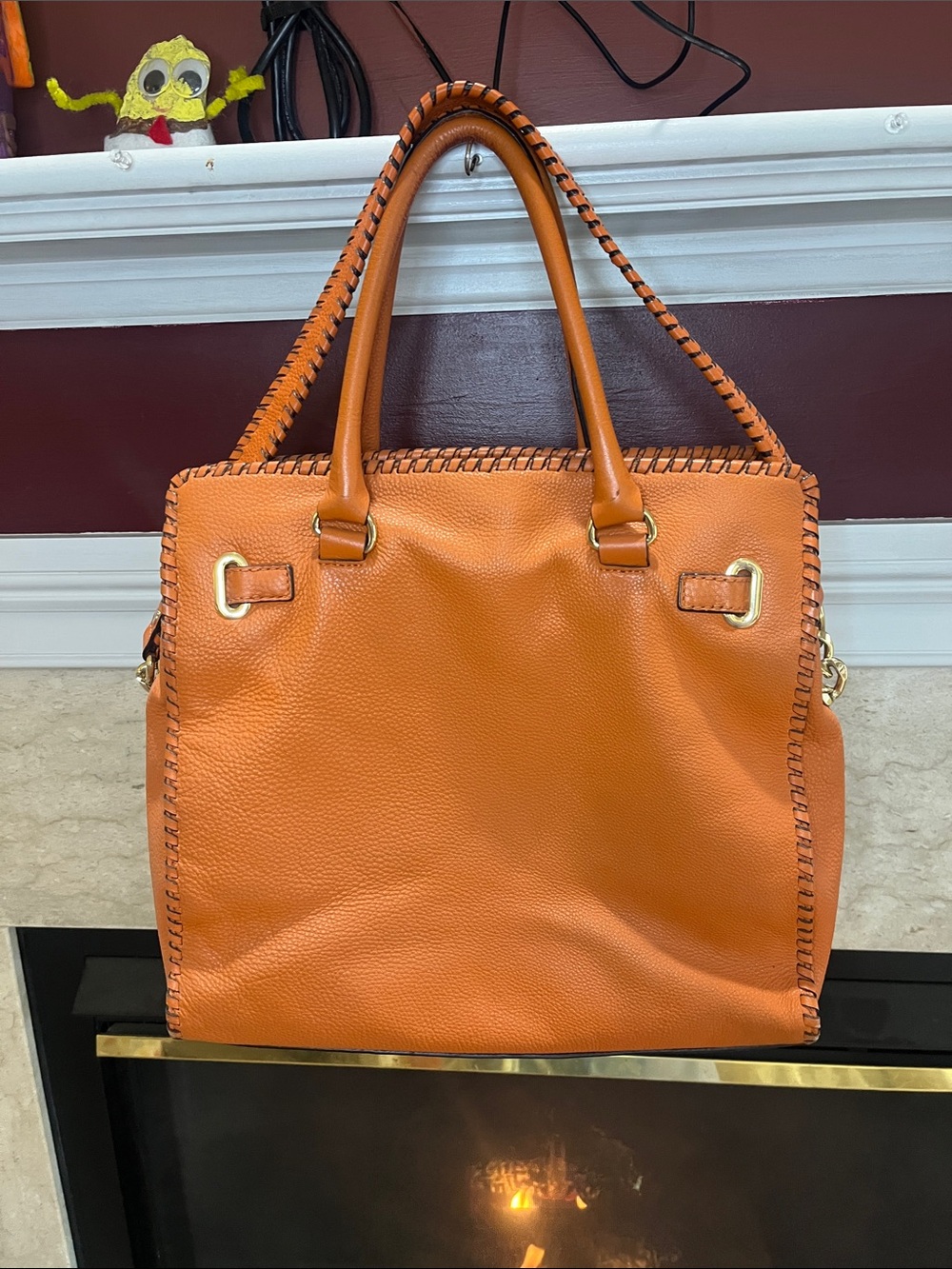 Michael Kors Orange Soft Pebbled Leather Hamilton Tote with Whipstitch Trim - Picture 5 of 11